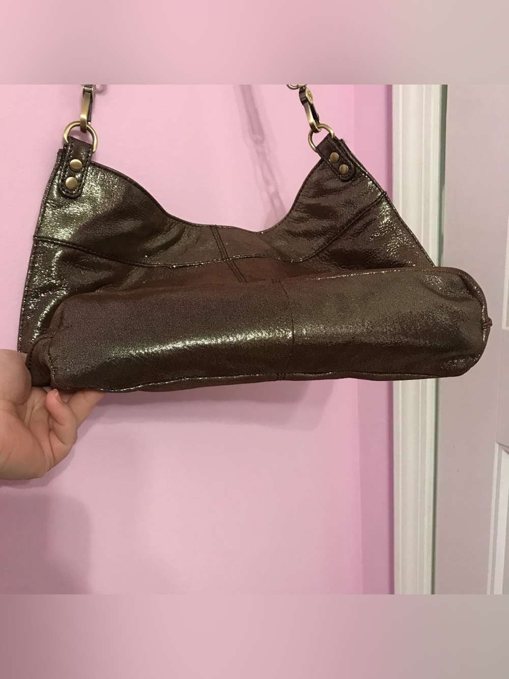 HOBO Pier Brown Metallic Leather with Gold Hardware Crossbody Bag - Picture 6 of 8